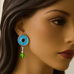 Women's Blue Silver-tone  Circle Design & Green Bead Drop Dangle Earrings